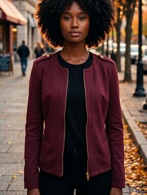 Marc New York Women's Burgundy Zip-Front Blazer Jacket with Gold Accents